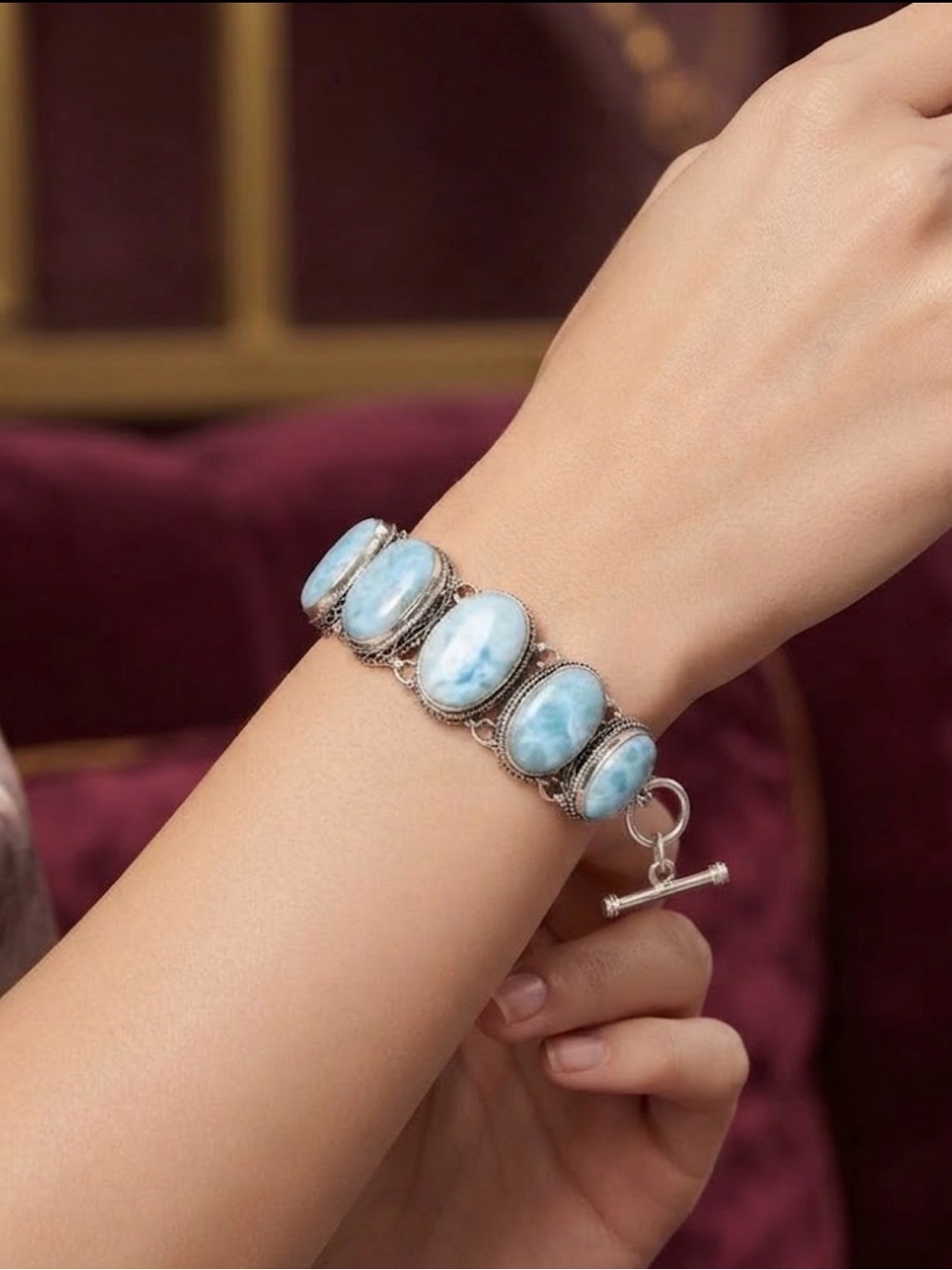 Sterling Silver 925  Larimar Oval Link Bracelet